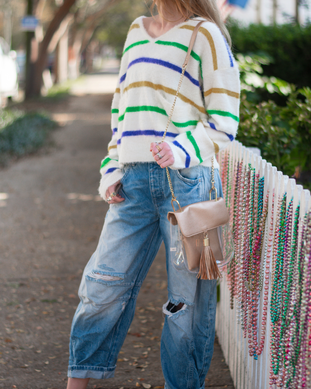 Mardi Gras Stripe V-Neck Sweater With Pockets