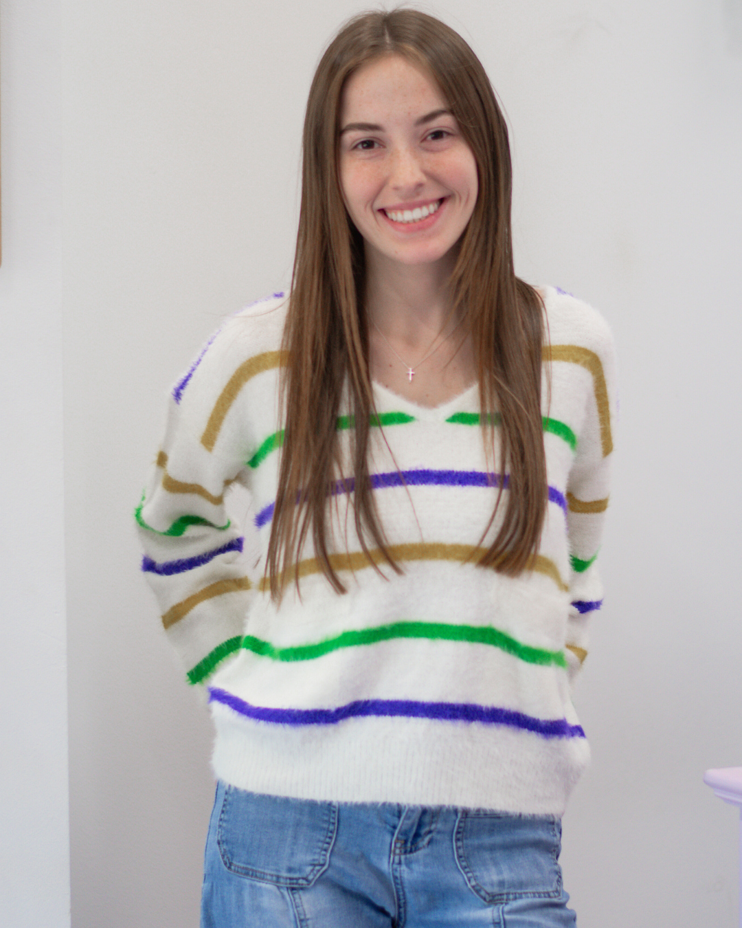 Mardi Gras Stripe V-Neck Sweater With Pockets