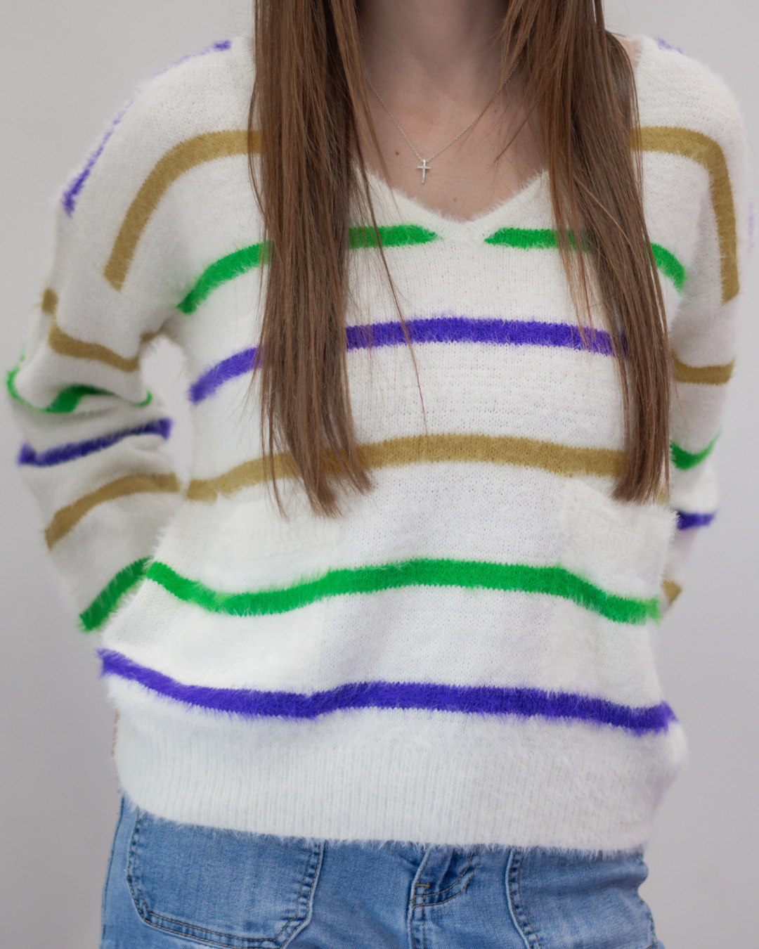 Mardi Gras Stripe V-Neck Sweater With Pockets