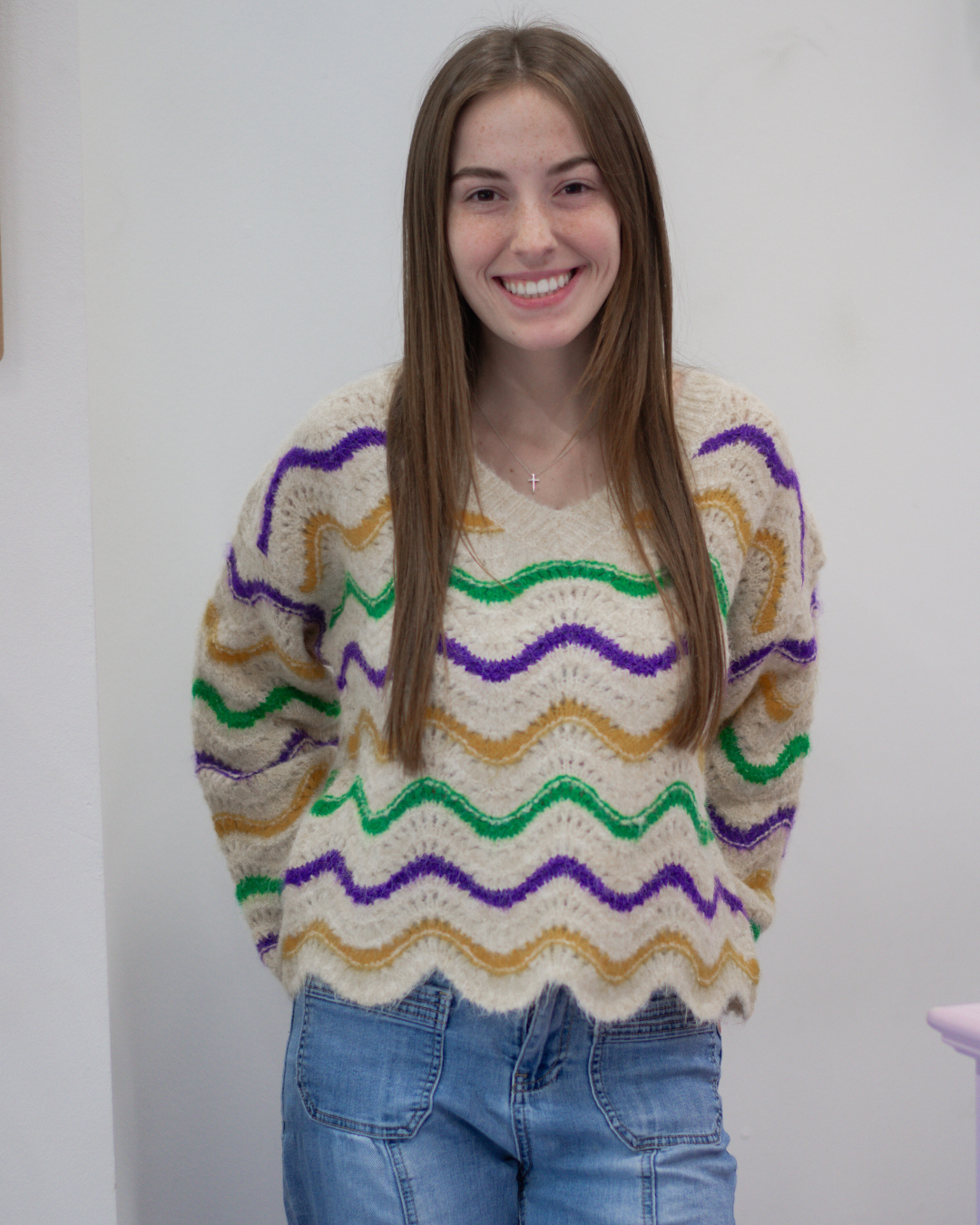 Mardi Gras Wavy Stripe V-Neck Sweater