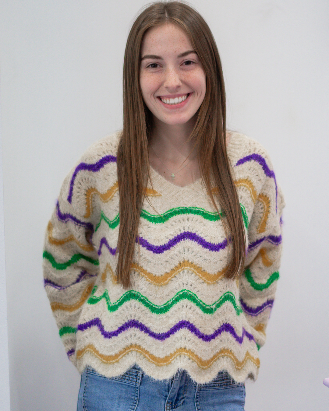 Mardi Gras Wavy Stripe V-Neck Sweater