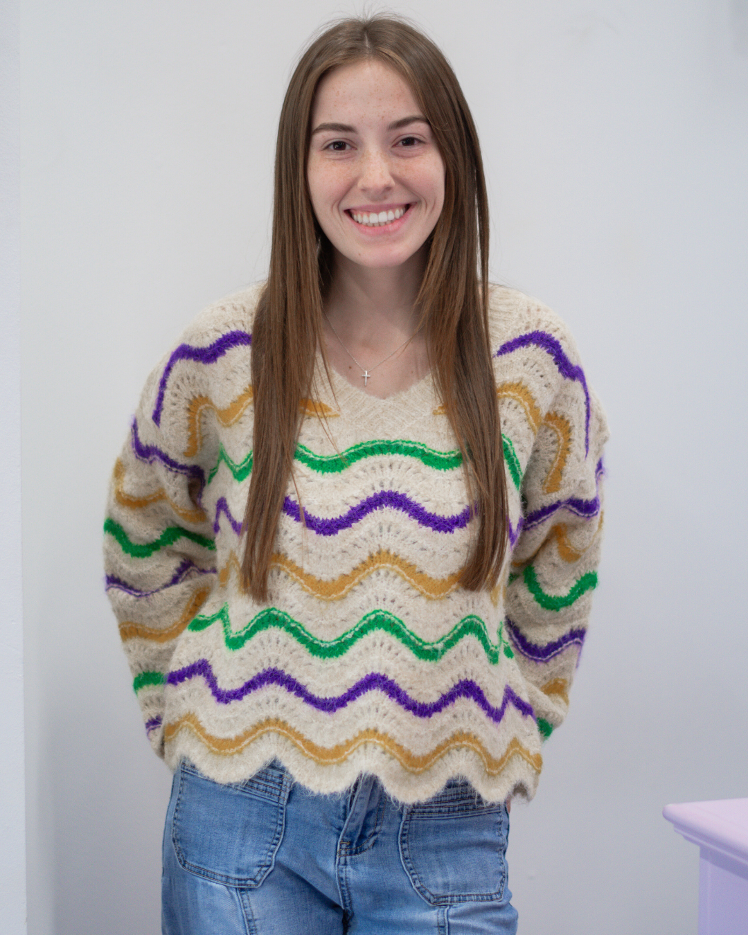 Mardi Gras Wavy Stripe V-Neck Sweater