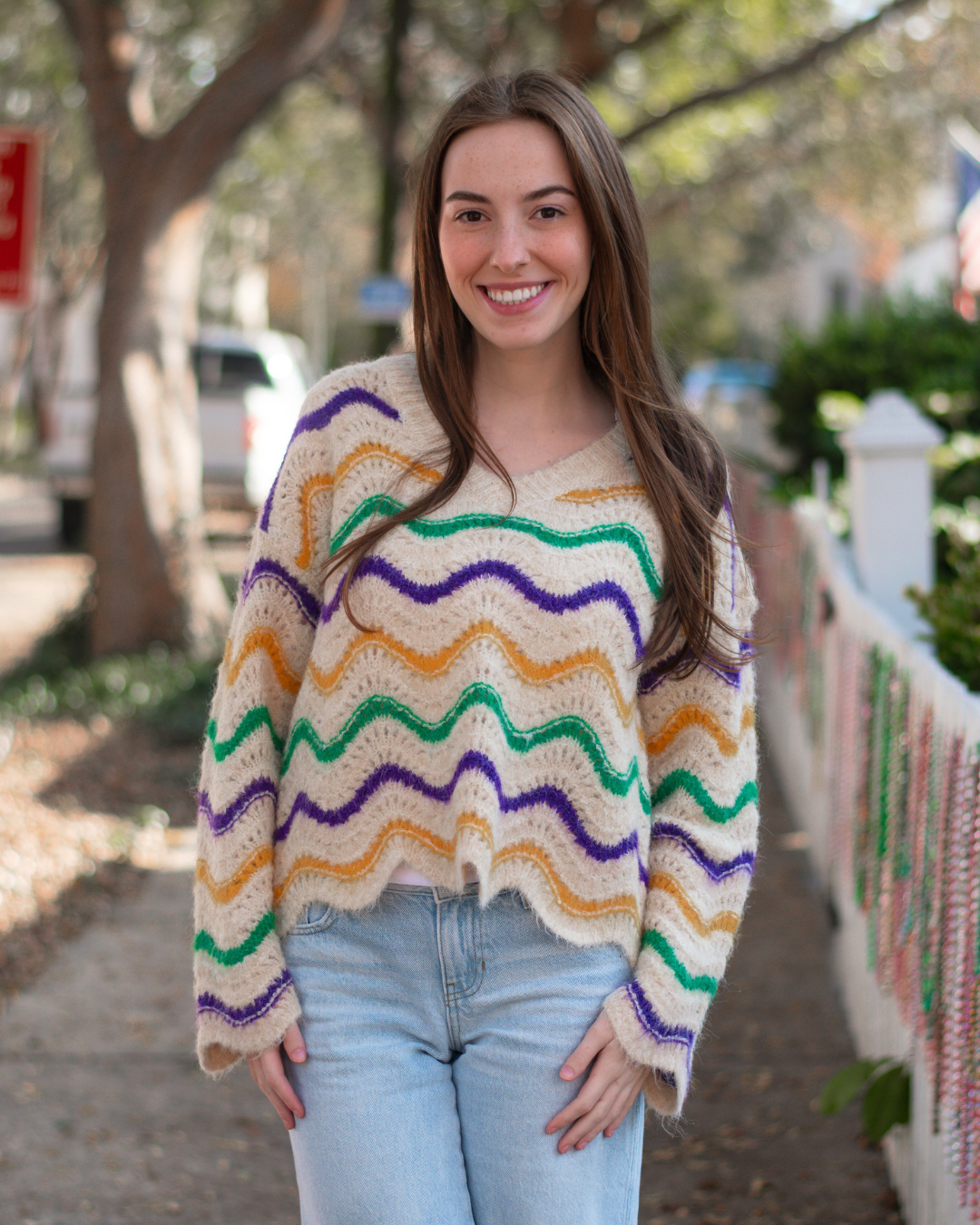 Mardi Gras Wavy Stripe V-Neck Sweater